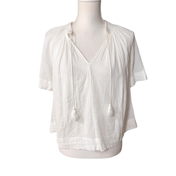 Vince Tops - Vince White Cotton Gauze Peasant Blouse Tassel Tie V-Neck Smocked Top XS Boho